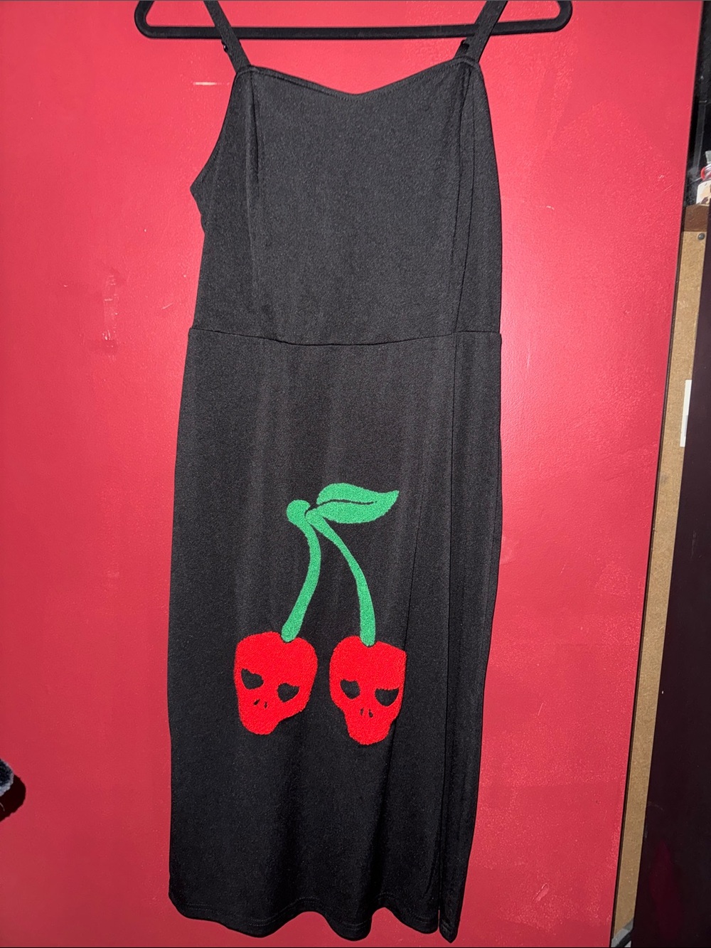Black Slip Dress with Red Cherry Skull Print
